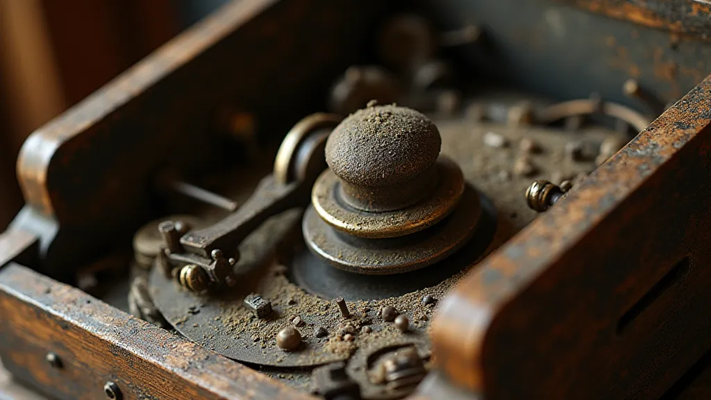 A dirty antique music box movement covered in grime.