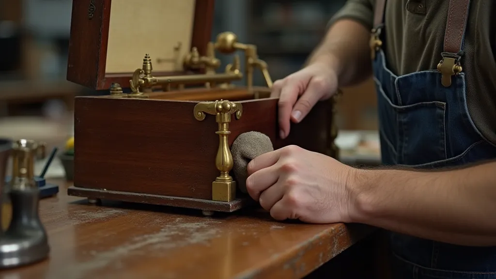 Craftsman polishing metal trim on a music box case